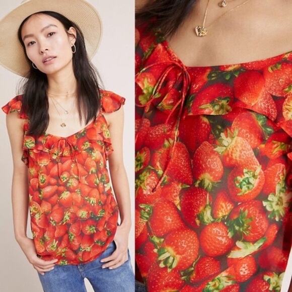 Anthropologie Tops - Anthropologie Strawberry Novelty Print Ruffle Tank Top
